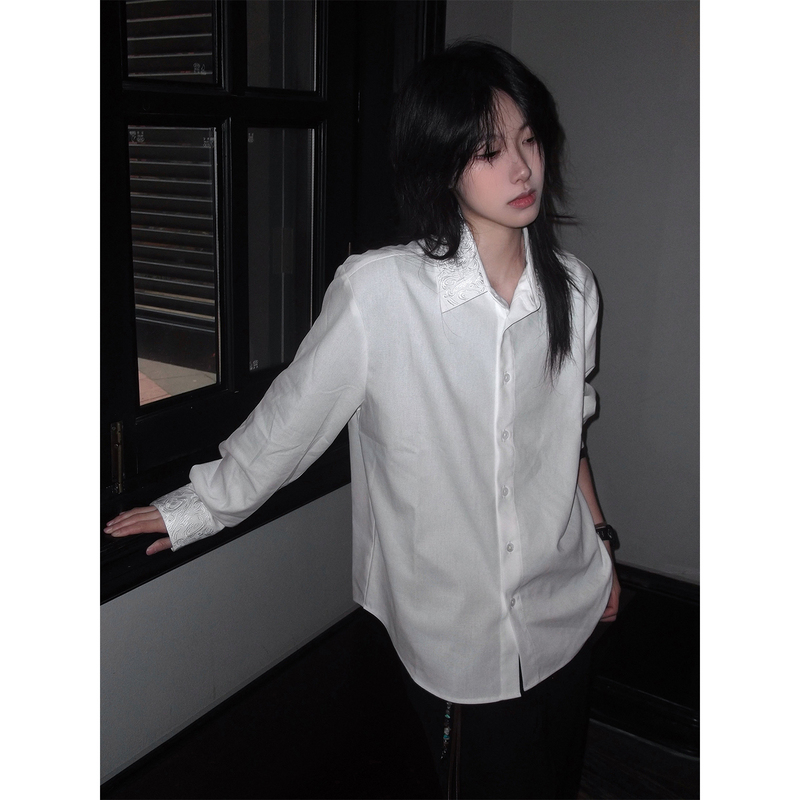 White Eternal Flower Embossed Embroidered Floral Collar Shirt for Men and Women, Elegant and High-End Long-Sleeved Shirt, Cleanfit Jacket