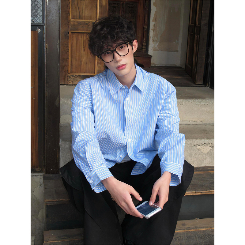 Miu Series High-Sensitivity Striped Blue Shirt for Men, Spring Cleanfit, High-End, Cool and Handsome Long-Sleeve Shirt Jacket Miu Series High-Sensitivity Striped Blue Shirt for Men, Spring Cleanfit, High-End, Cool and Handsome Long-Sleeve Shirt Jacket