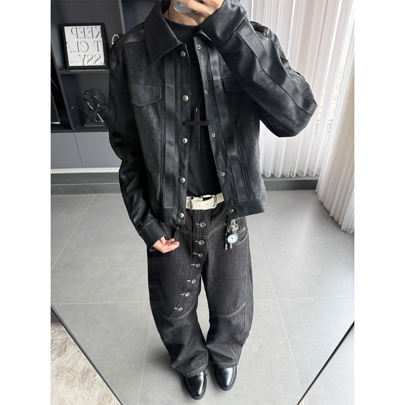 Men's Spring and Autumn New Boxy Short Wide Black Pu Leather Jacket with Vascular Pattern Leather Jacket