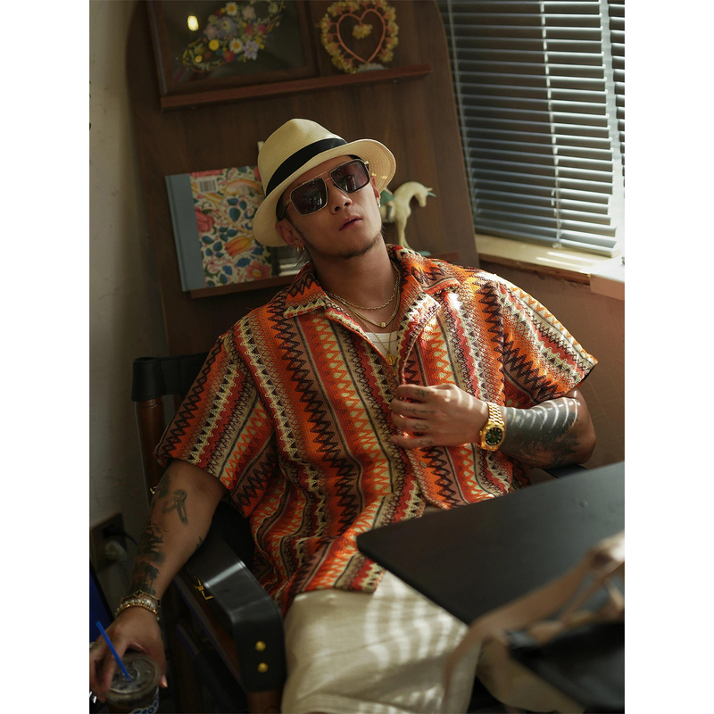 Retro Ethnic Style Contrasting Color Woven Cuban Collar Shirt for Men, New Summer Style Couple's Island Vacation Style Short-Sleeved Shirt