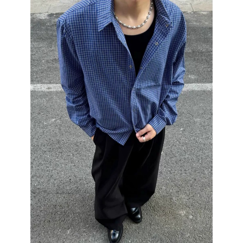 Miu Series Handmade Pleated Royal Blue Plaid Long-Sleeve Shirt for Men and Women, Cleanfit Three-Dimensional Short Wide Drawstring Shirt Miu Series Handmade Pleated Royal Blue Plaid Long-Sleeve Shirt for Men and Women, Cleanfit Three-Dimensional Short Wide Drawstring Shirt