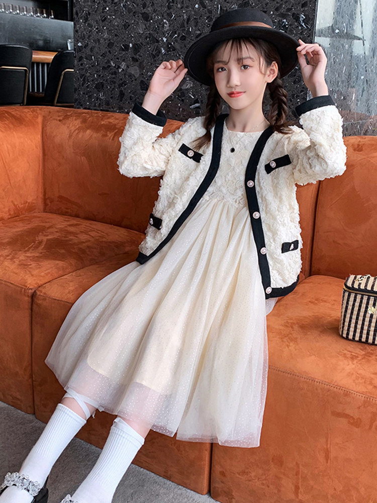 Girls' Dress Spring and Autumn Dress Korean Version Children's Small Fragrant Wind Coat Princess Dress Two-piece Set Fashionable Suit Skirt Western Style