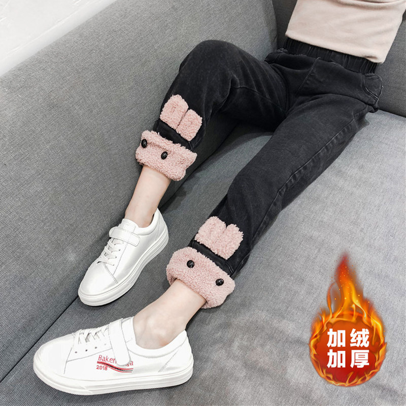 Girls' pants 2022 new winter clothes plus velvet jeans children's thickened inner pants outer wear warm cotton pants Western style