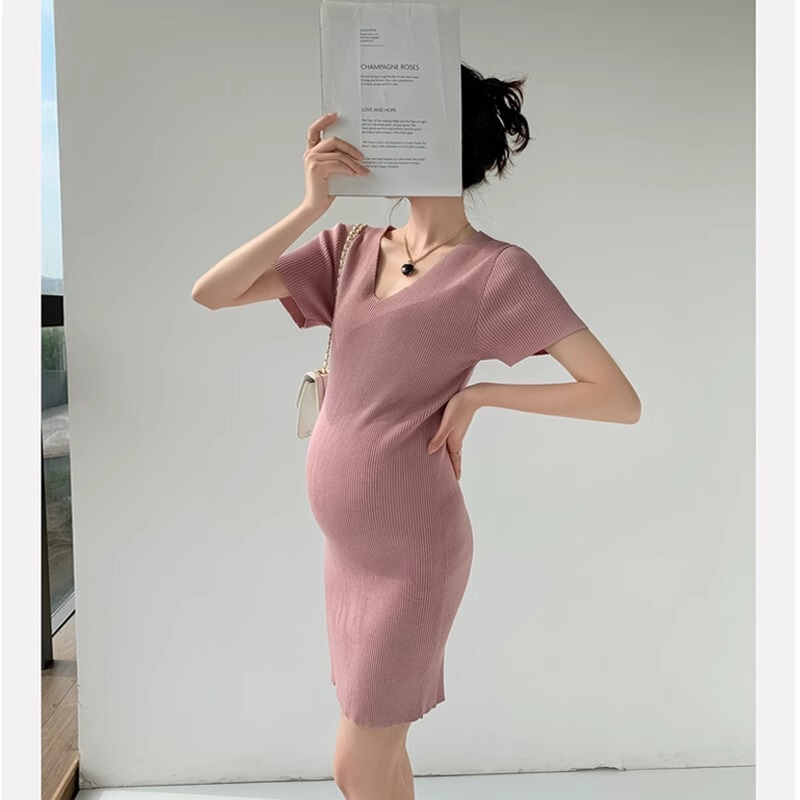Maternity Dress Summer V Neck Slim Fit Stretchy Summer Dress Thin Petite Tight Sexy Knitted Dress