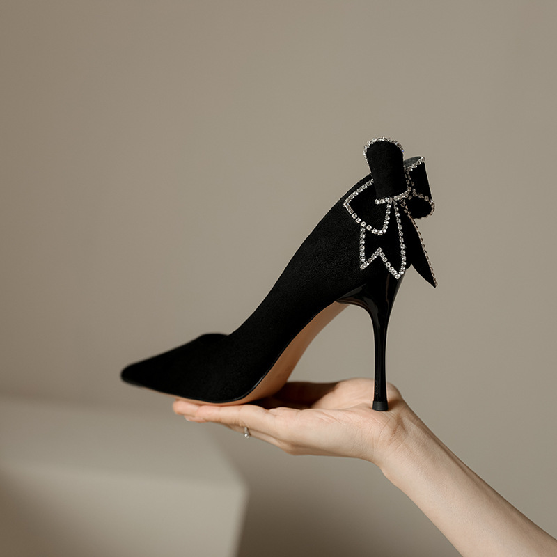 Black High-Heeled Shoes for Women with Thin Heels, Bowknot, Rhinestones, Suitable for Hosting, Artistic Exams, Pointed Toe, Professional Work Shoes, with Butterfly Detail on the Back