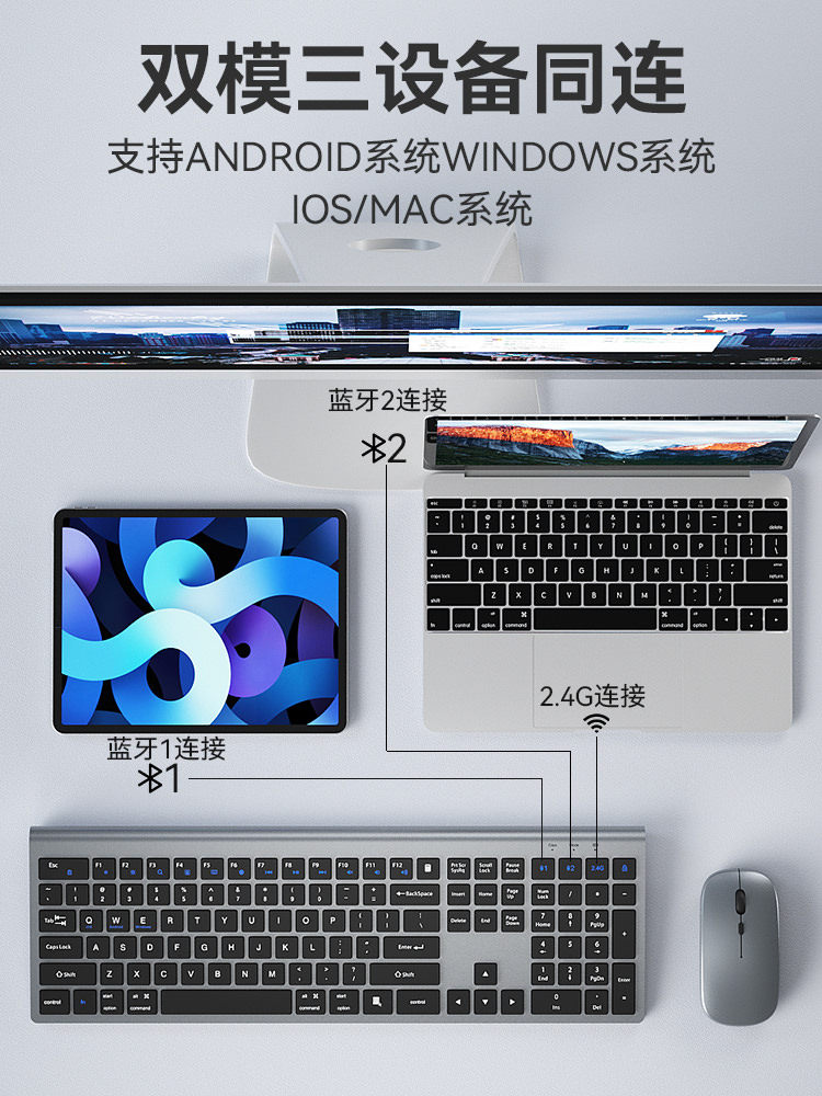 Ergonomic Wireless Bluetooth Keyboard and Mouse Set for External Connection to Laptops, Office Use, Silent and Rechargeable