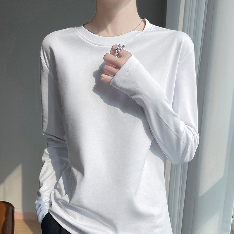 Silk-Like Cotton Non-Stick Hair-Resistant Base Shirt for Women, Regular Shoulder Fit, Can Be Worn Outside, Pure Cotton Long-Sleeve T-Shirt, Combed Xinjiang Cotton Inner Top
