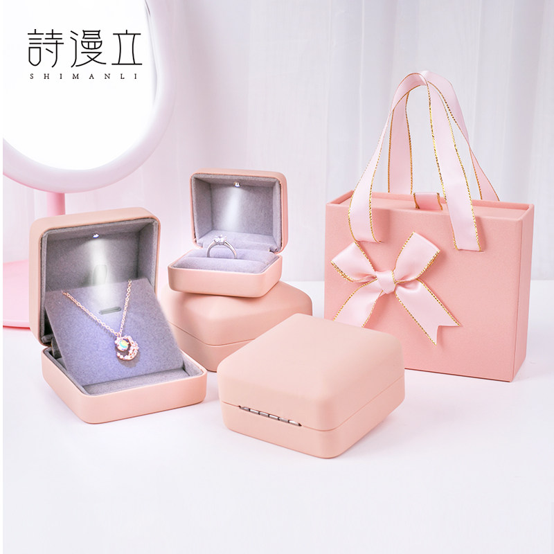 Upscale PU leather LED Jewelry Cartridge Lamp Drill Ring Earnail Necklace Bracelet Jewelry Case Court-wedding Gift Glowing Box-Taobao