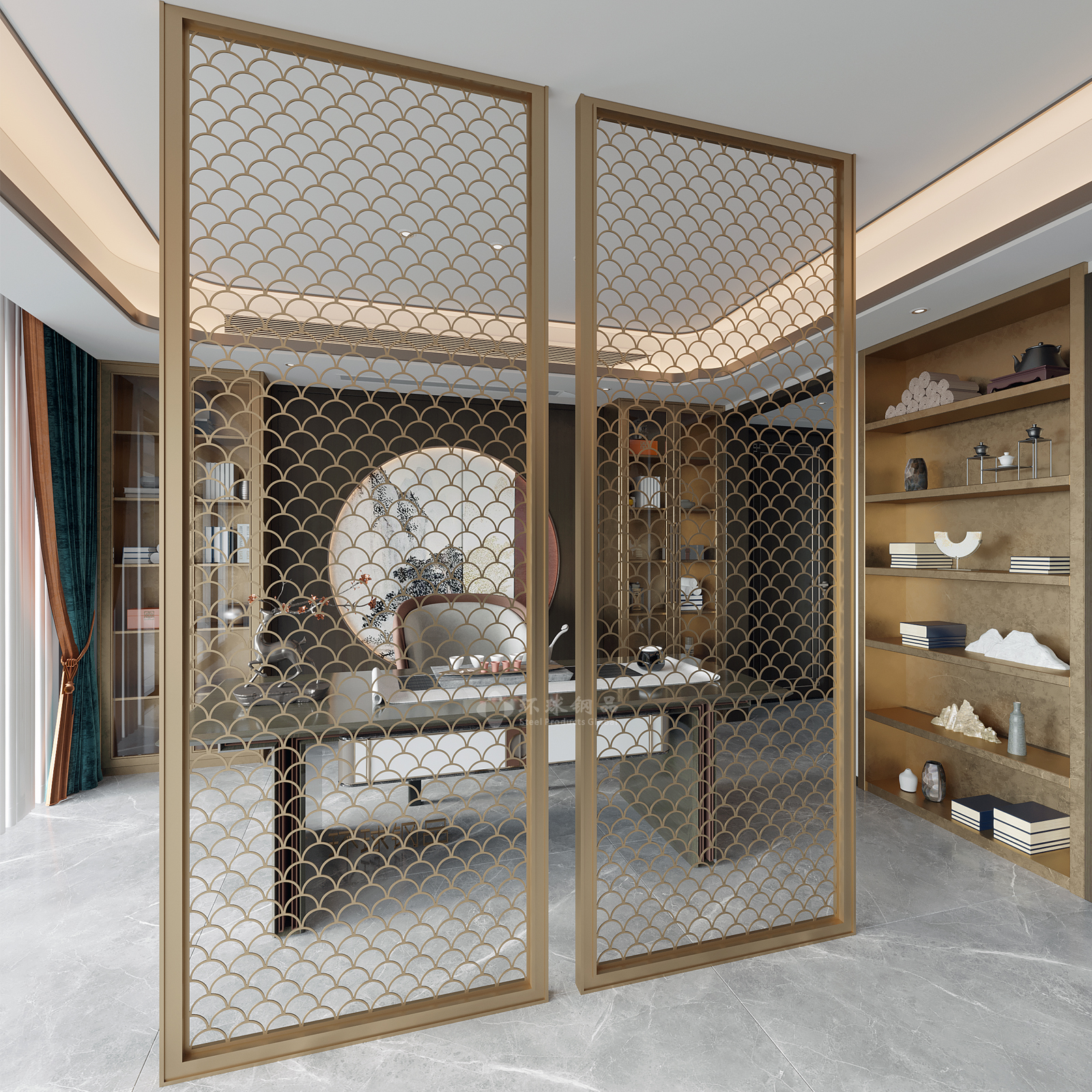 Stainless steel screen living room metal partition carving through the flower lattice hollow titanium rose gold new Chinese European and American light luxury modern