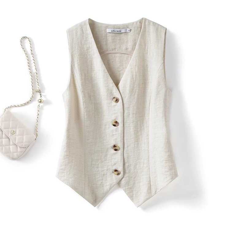 2026 Summer New Old Money Style Linen Vest for Women Slim Fit Sleeveless New Chinese Style V-Neck Vest Suit Waistcoat