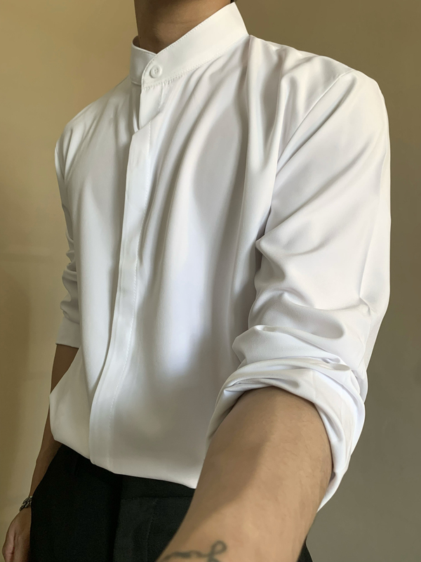 American Casual Small Stand-Up Collar High-End Unisex Long-Sleeved Shirt for Men, Elegant and Restrained Style, Cardigan with Hidden Buttons
