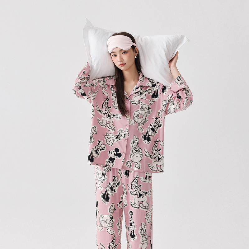 Disney Minnie Lapel Pajamas Modal Cotton Can Be Worn Outside Long-Sleeved Cartoon Cute Home Wear Set for Women Autumn Disney Minnie Lapel Pajamas Modal Cotton Can Be Worn Outside Long-Sleeved Cartoon Cute Home Wear Set for Women Autumn