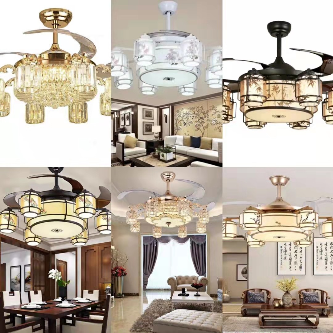 New Chinese style inverter ceiling fan lamp Chinese style invisible ceiling fan lamp American style living room dining room retro large chandelier package installation