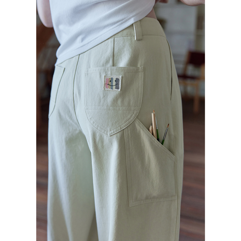 Momolife Colorful Smiley Face Logo ~ Soft Light Beige Artistic Texture Casual Pants Women's Spring Wide-Leg Straight Pants