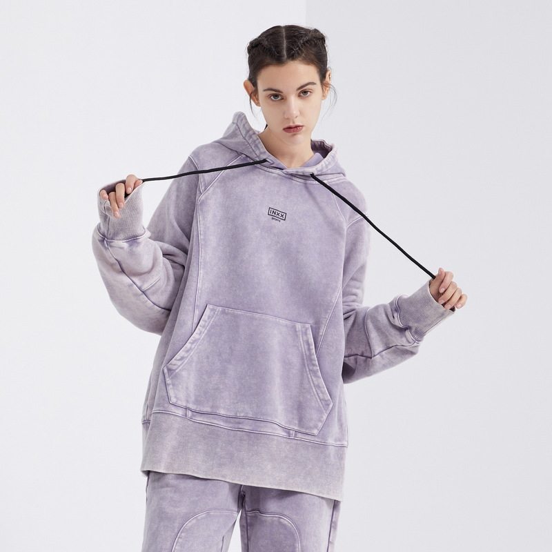 INXX SPORTS Washed Panel Topstitched Hooded Sweatshirt Loose Sports Pullover Unisex Kangaroo Bag