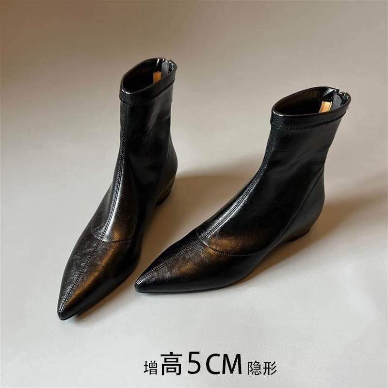 Sheepskin Version ~ 5cm Height-Increasing Pointed Toe Chunky Heel Short Boots for Women, 2025 Autumn and Winter New Style, Back Zipper Slim Boots