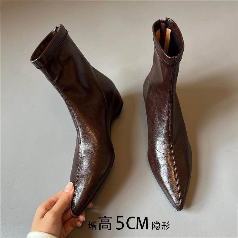Sheepskin Version ~ 5cm Height-Increasing Pointed Toe Chunky Heel Short Boots for Women, 2025 Autumn and Winter New Style, Back Zipper Slim Boots