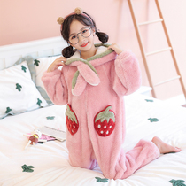 Childrens conjoined pajamas autumn and winter coral fleece girl flannel baby anti-Kick Girl Big child thick home clothes