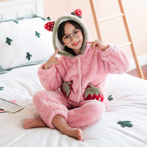 Childrens flannel pajamas autumn and winter girls coral velvet thickened middle child Princess little girl suit home clothes