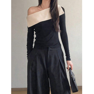 法式黑色打底衫女长袖春秋季女装时尚斜肩T恤小衫一字领内搭上衣