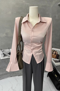 收腰衬衫女长袖春秋女装纯欲喇叭袖内搭打底上衣洋气褶皱粉色衬衣