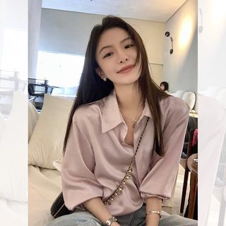 醋酸缎面粉色长袖衬衫女早秋季女装设计感小众上衣高级感法式衬衣