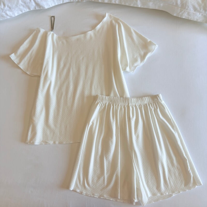 Korean Style Pajamas for Women, Summer Thin Cotton Short-Sleeved, Off-The-Shoulder, Pure Desire Style, Slimming Home Wear Set That Can Be Worn Outside