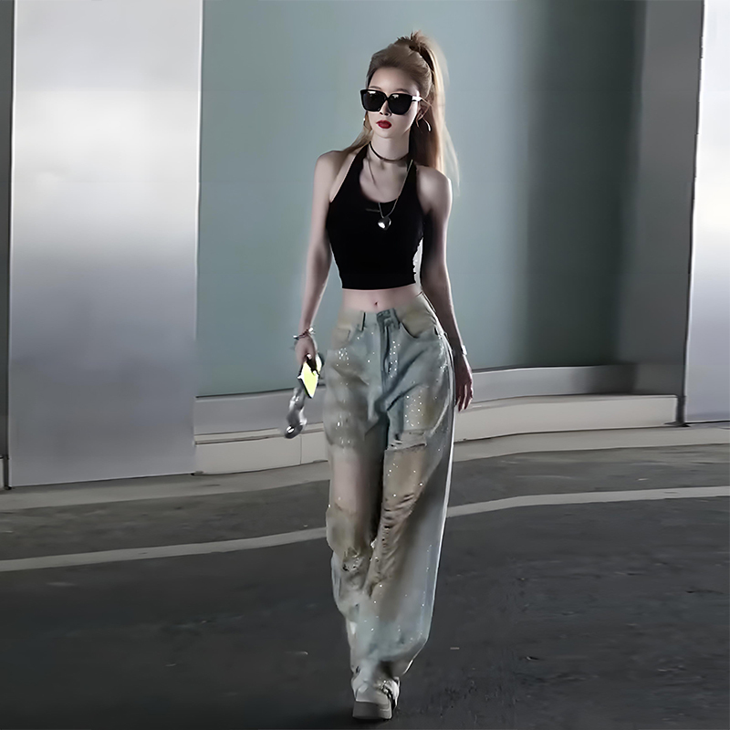 Designer-Style Heavy-Duty Rhinestone Distressed Jeans for Women, New Summer High-Waisted Slimming Wide-Leg Floor-Length Pants