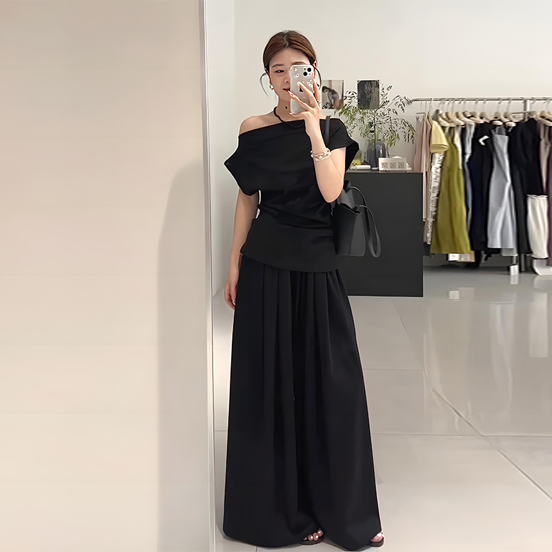 Black High-End Elegant Suit Summer New Style Off-Shoulder Short-Sleeve T-Shirt Top Women's High-Waisted Wide-Leg Pants Two-Piece Set