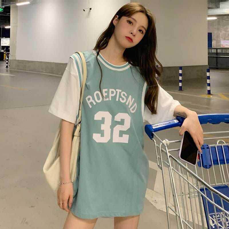 Basketball suit fake two medium long version blouses Summer casual lovers Han prints Loose short sleeves T-shirt female tide