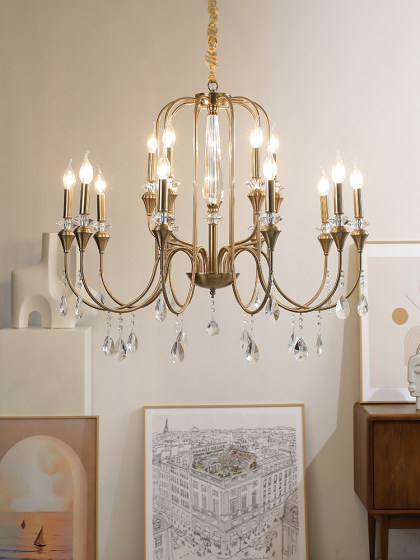 All-Copper Minimalist Living Room Chandelier, Crystal Light Luxury Art, American-Style Dining Room Lamp, Grand Villa, Mid-Century French Bedroom Lamp
