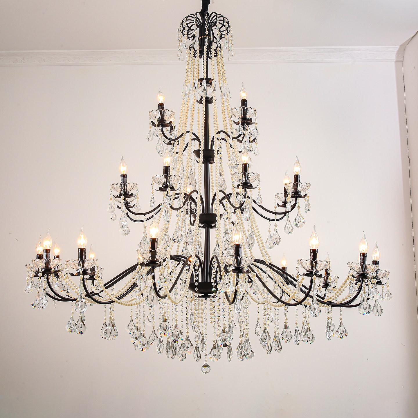 Французская вилла высотная хрустальная люстра черный пустой свет роскошное лобби отеля двухуровневая лестница люстра жемчужная лампа Изображение 1