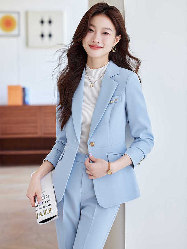 Light Blue Professional Suit Set for Women, High-End Style, Petite Size, Suitable for Announcers, Hostesses, and Art Exams, Formal Suit Jacket