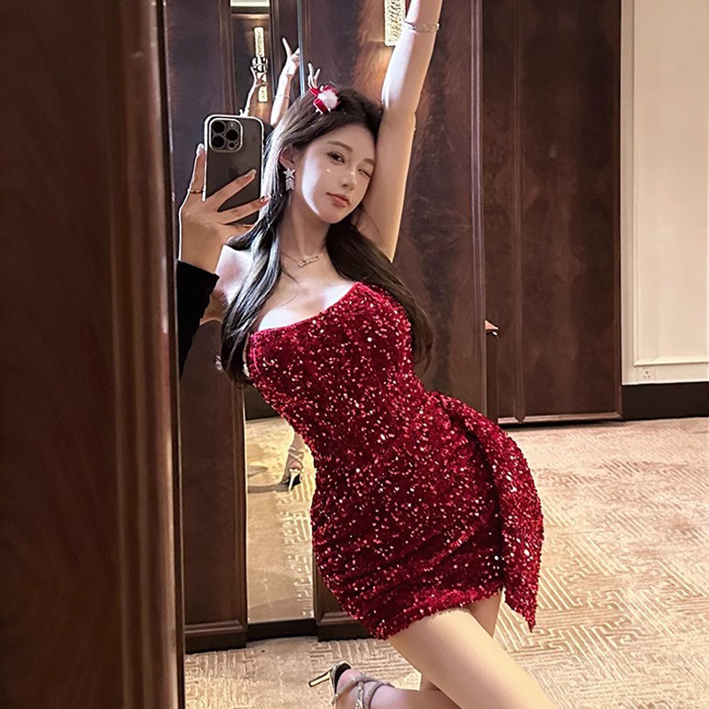 High-End Party Dress Christmas Outfit Shirt Red Sequin Tube Top Dress Sexy Hip Skirt for Women