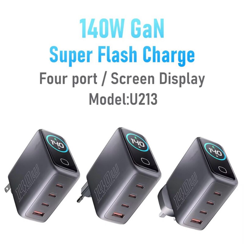 Cross-Border 140Wai Smart Display Charger with High-End Smart Screen Display, Gallium Nitride Charger with Four Ports, Type-C, Suitable for Apple 17/Huawei Mobile Phones, Computers, Laptops, Universal Pd3.0/Qc3.0 Fast Charging