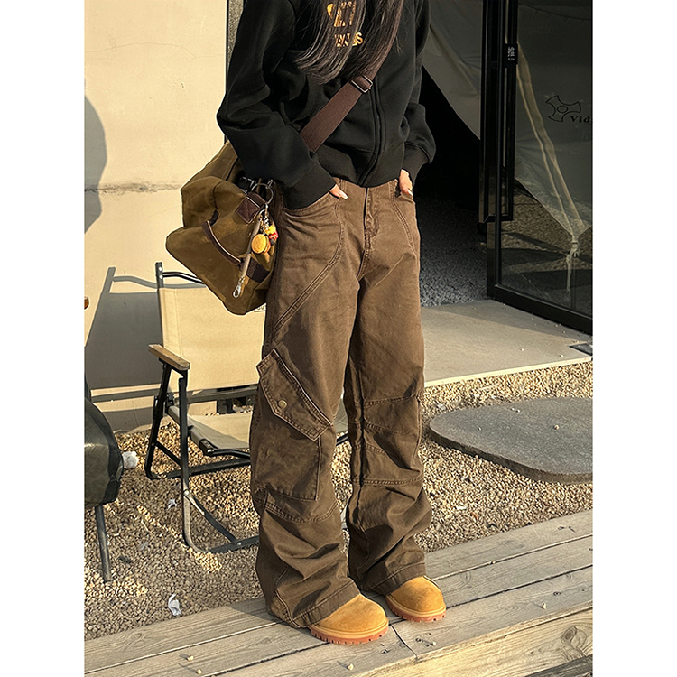 Urkr New Pleated Multi-Pocket American Retro Work Pants for Women, Loose Straight-Leg Pants, Trendy Casual Wide-Leg Pants for Men