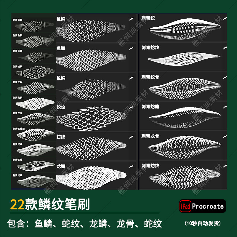 Procreate筆刷鱗片魚鱗龍紋龍骨架刺青紋身蛇骨架蛇紋紋理鱗紋