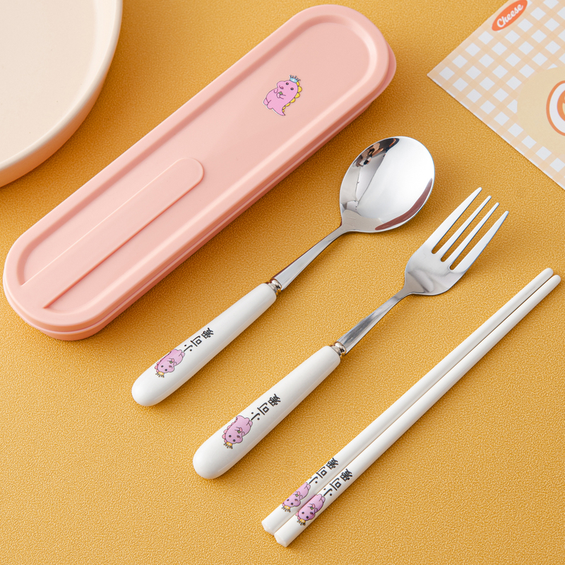 Dinosaur Ceramic Chopsticks, Spoon, and Fork Set Tableware, Portable Tableware Storage Box for One Person, Special for Elementary School Students to Go to School