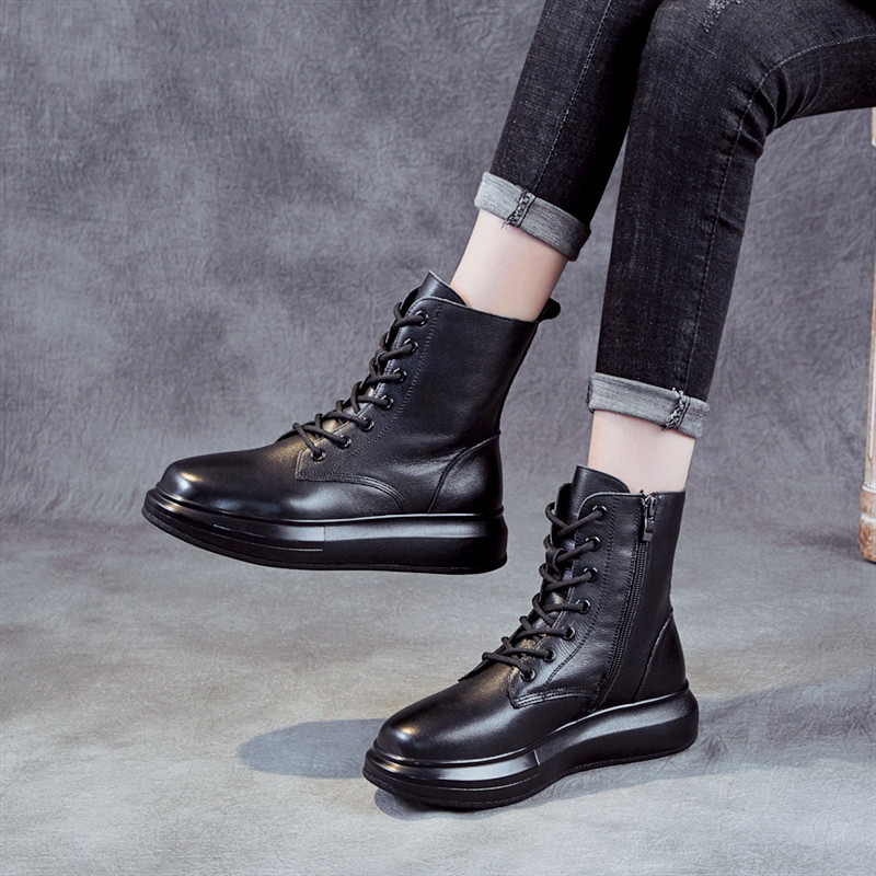 Genuine leather flat bottom short boots women 2022 autumn and winter new thick bottom Martin boots winter cotton shoes black head layer cow leather shoe tide