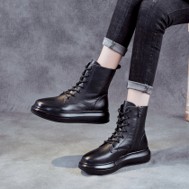 Genuine leather flat bottom short boots women 2022 autumn and winter new thick bottom Martin boots winter cotton shoes black head layer cow leather shoe tide