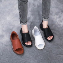 Genuine leather soft-face fish mouth sandals women 2022 summer new one foot pedal sloth shoes flat bottom low heel sandals Two wearing shoes