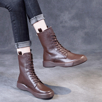 Genuine Leather Lacing Martin Boots Woman Autumn Winter New Head Layer Cow Leather Retro Short Boots Flat Bottom Midcylinder Boots Big Code Cotton Shoes