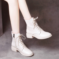 Genuine Leather Spring Autumn Single Boots Woman 2021 Winter new flat-bottomed short boot Antique Martin Boots Rice White Locomotive Boots
