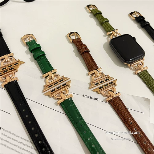 domicat Применимые Apple Watch с Iwatch7 Leather AppleWatch8 Ultra Women's 6/5/4/Semium Smart Creative Summer Green S8 Retro Lizard Crocodile Teathers