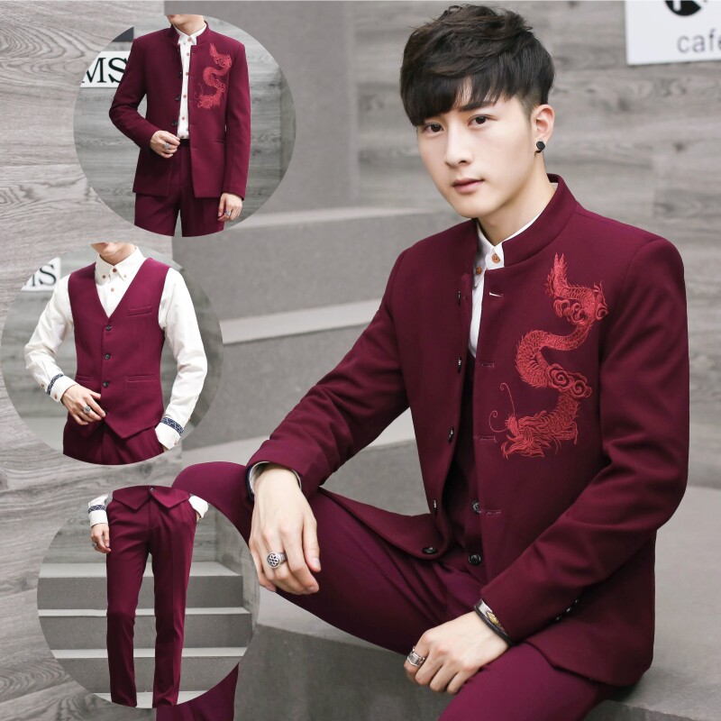 Zhongshan Clothing Men's Youth Suit Repaired with Chinese Wind jacket New Lang West suit Chinese style Tang Dress Wedding Dress Dress