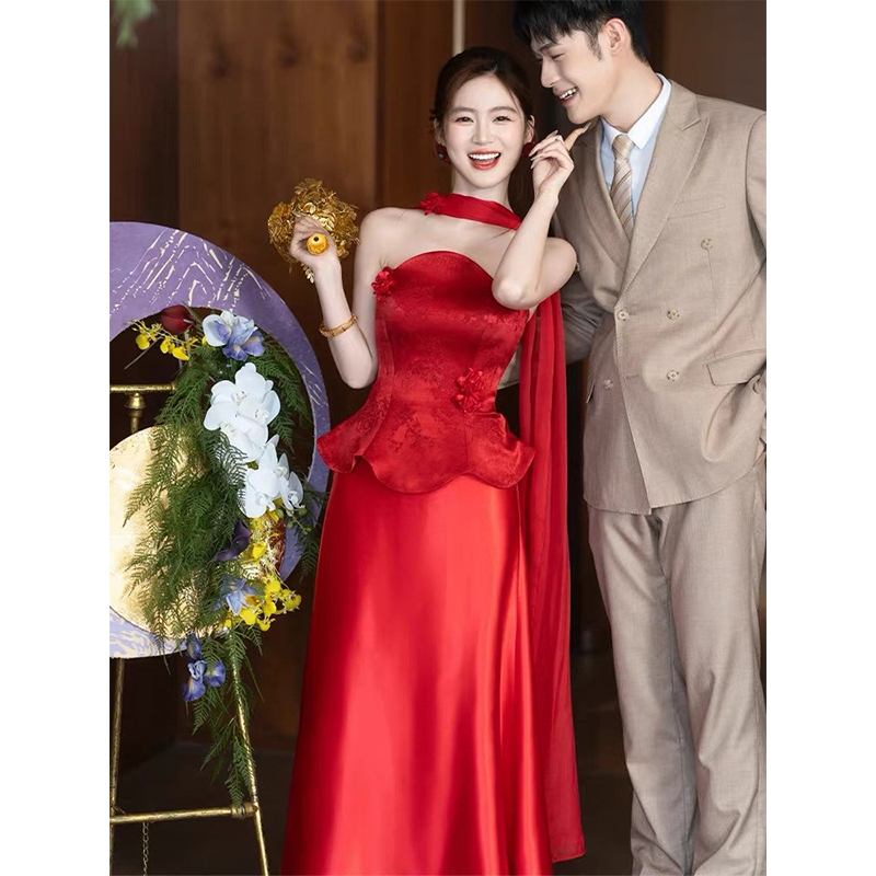 Engagement Bride's Toast Dress, Morning Gown, Strapless, Slimming, Wedding Homecoming, High-End Red Niche Dress for Petite Figures