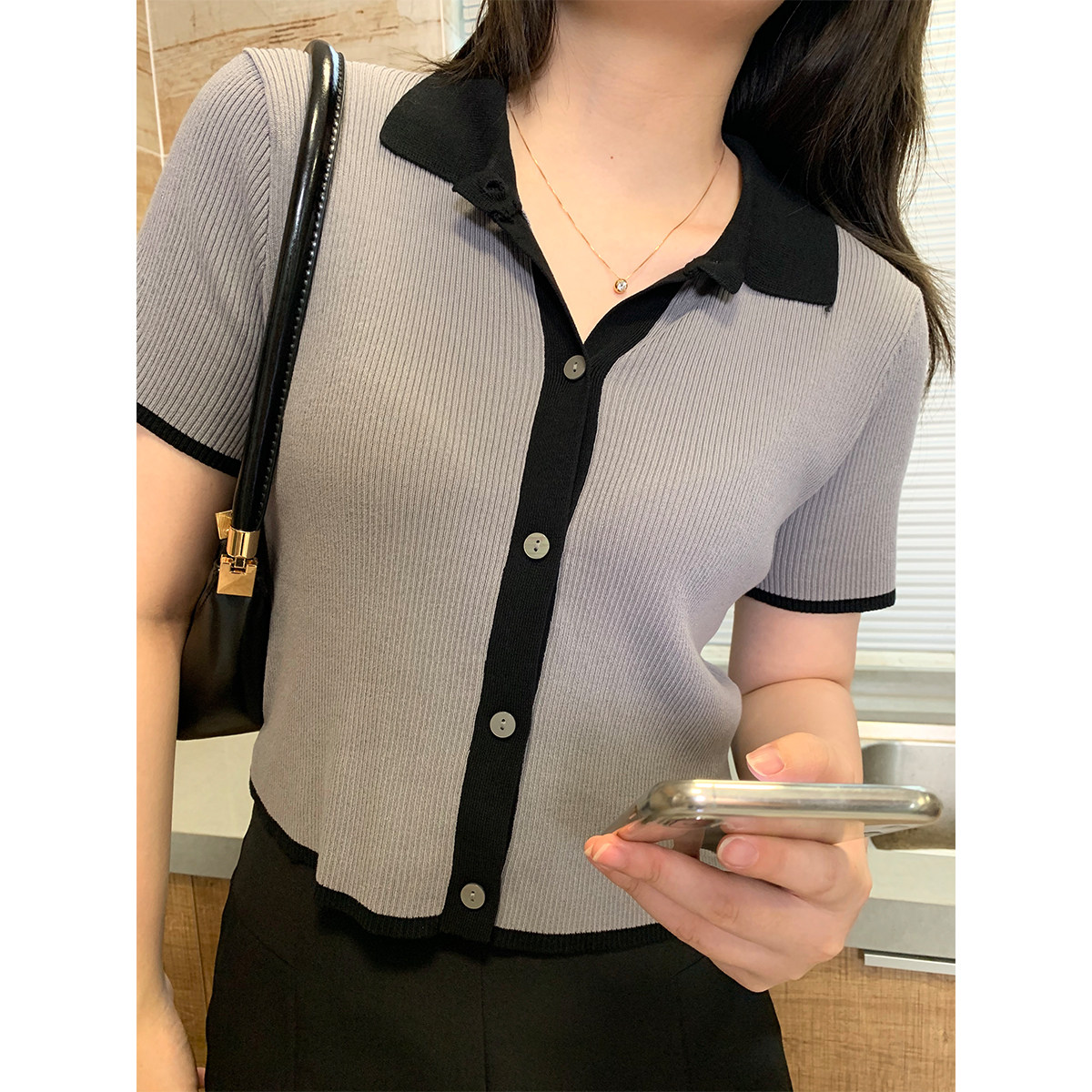 Julu Studio slightly fat custom new short-sleeved small knitted polo shirt women's short color matching pullover polo cardigan