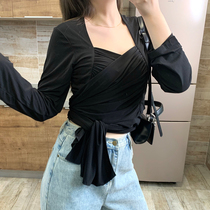 Julu Studio 2021 autumn new square collar tie long-sleeved T-shirt slim fit long-sleeved long-sleeved top