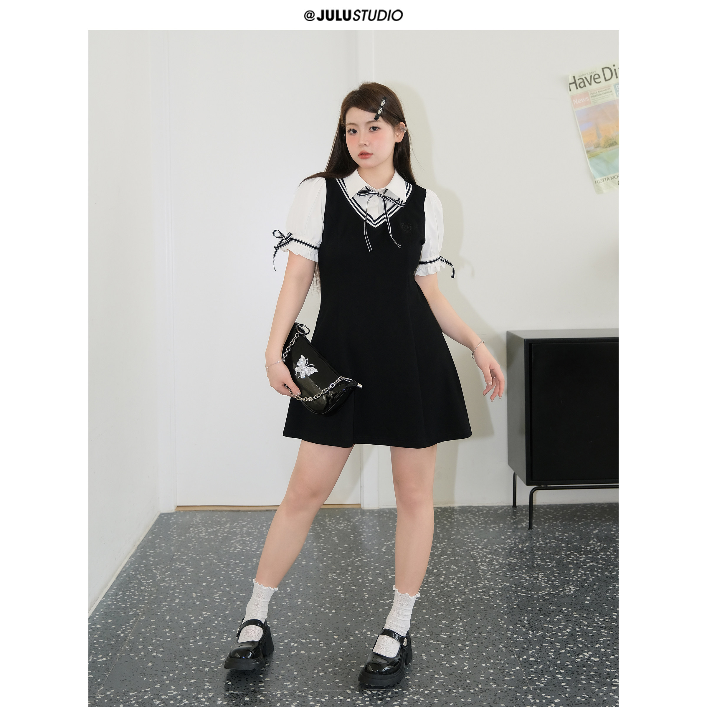 Giant Deer Studio Micro Fat Mm Big Code Fake Two College Wind Splicing Dress With Dress A Character cashiers slim dresses-Taobao