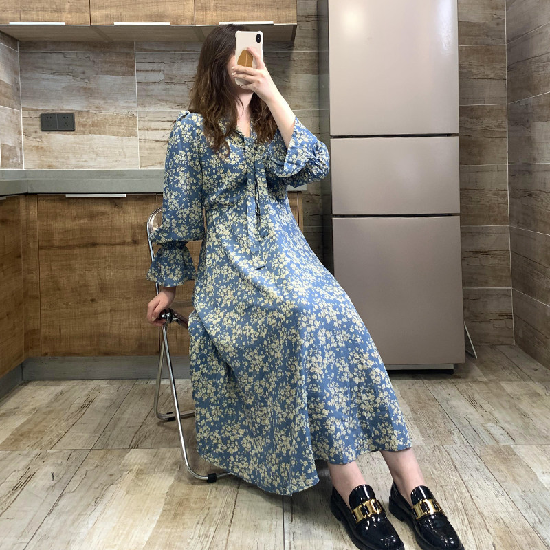 Julu Studio slightly fat custom floral temperament waist slim horn sleeve long version dress women
